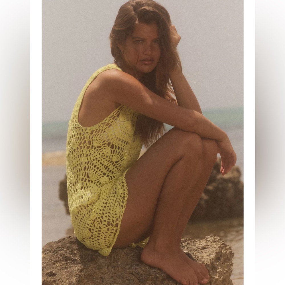 Zara NWT open knit mini dress yellow coverup 3646/001 - Picture 1 of 12